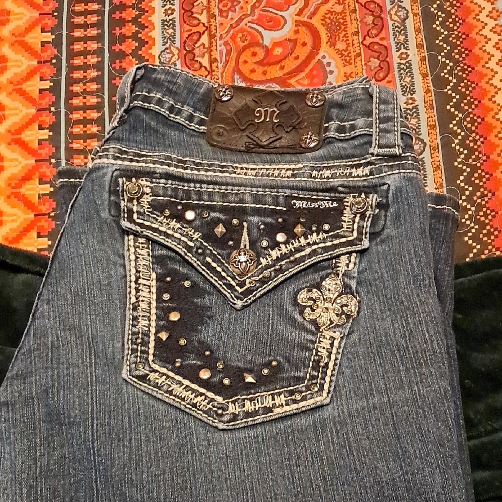 Miss Me Straight Leg Embellished Denim Jeans - Blue